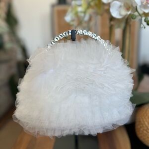 Badgley Mischka Tulle Rosette Evening Clutch with Crystal Handle NWOT Bridal Bag